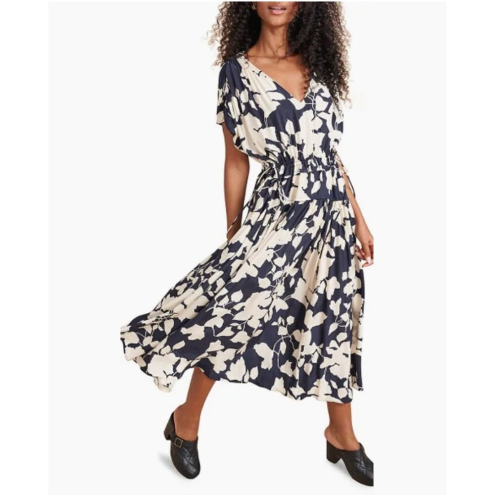 La Ligne Women's M Printed Natalie Dress Navy Blue Cream 100% Silk Side Tie $495